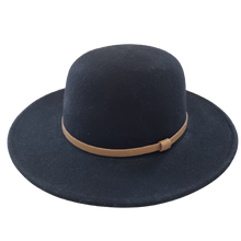 Load image into Gallery viewer, A black hat with a wide sewn brim, an elegant thin tan band and made from 100% Australian wool