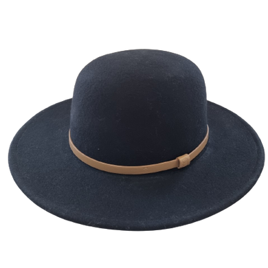 A black hat with a wide sewn brim, an elegant thin tan band and made from 100% Australian wool