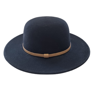 A black wide sewn brim, a elegant thin tan band and made from 100% Australian wool