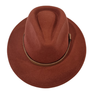 A red timeless Fedora, with a sewn brim and made from 100% Australian wool