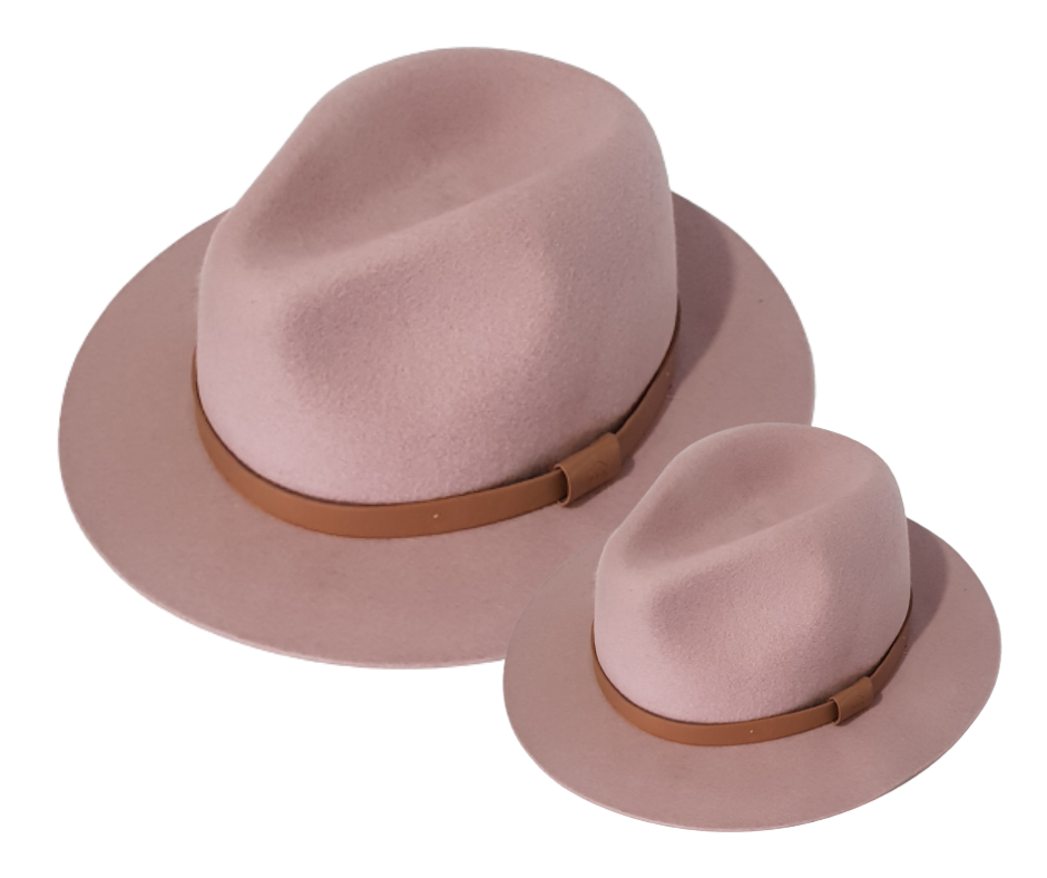 Matching pink womens oval shaped Australian wool fedora classic style and look.
