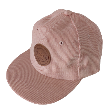 peach colour children and adult cotton corduroy cap featuring a leather Nix & Ash logo patch 