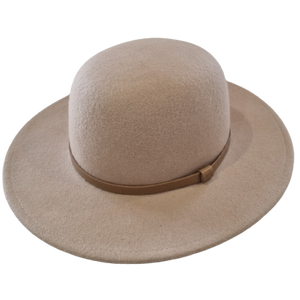 Tan hat, wide sewn brim, a elegant thin tan band, made from 100% Australian wool