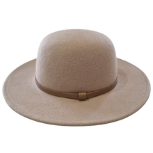 Load image into Gallery viewer, Tan hat, wide sewn brim, a elegant thin tan band, made from 100% Australian wool