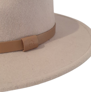 A light colour wide sewn brim and made from 100% Australian wool this is a cowboy style hat